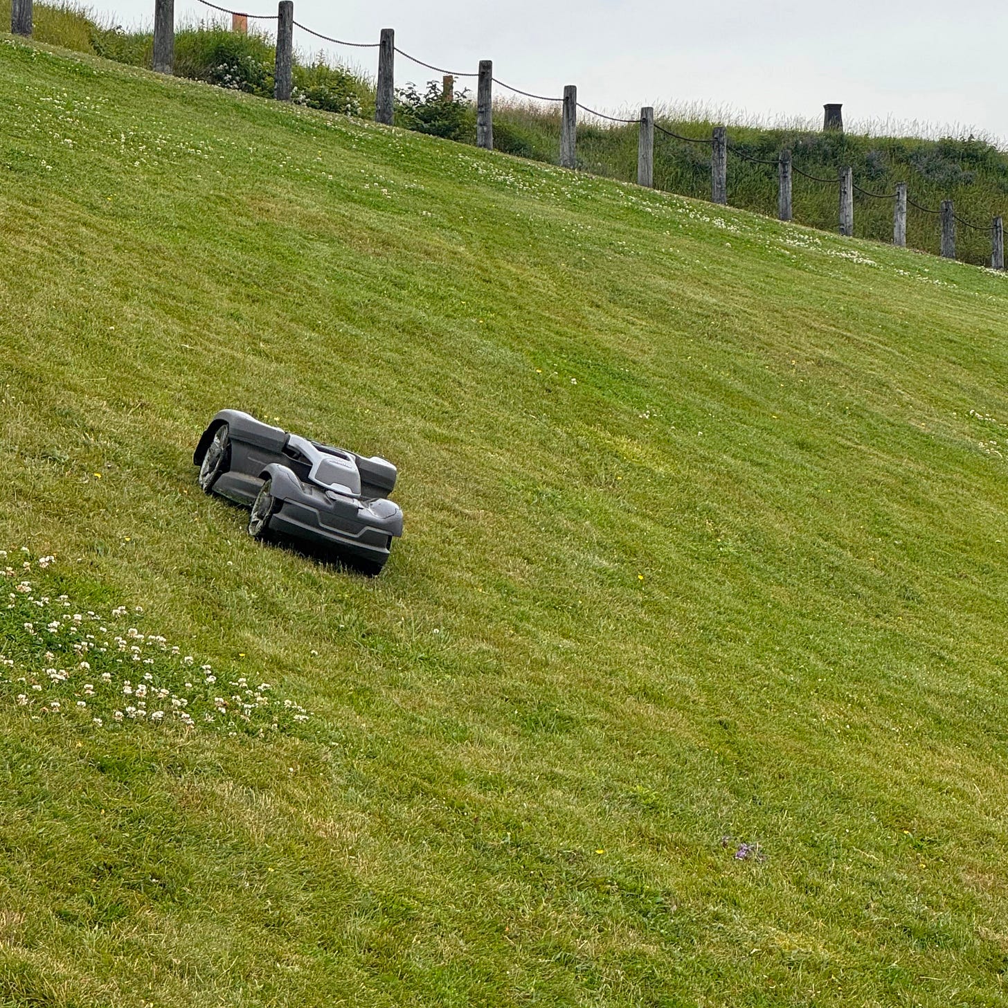 A robotic lawn mower operating on a steep grassy hill, angled as it cuts the slope. A wooden fence with rope runs along the top of the hill in the background