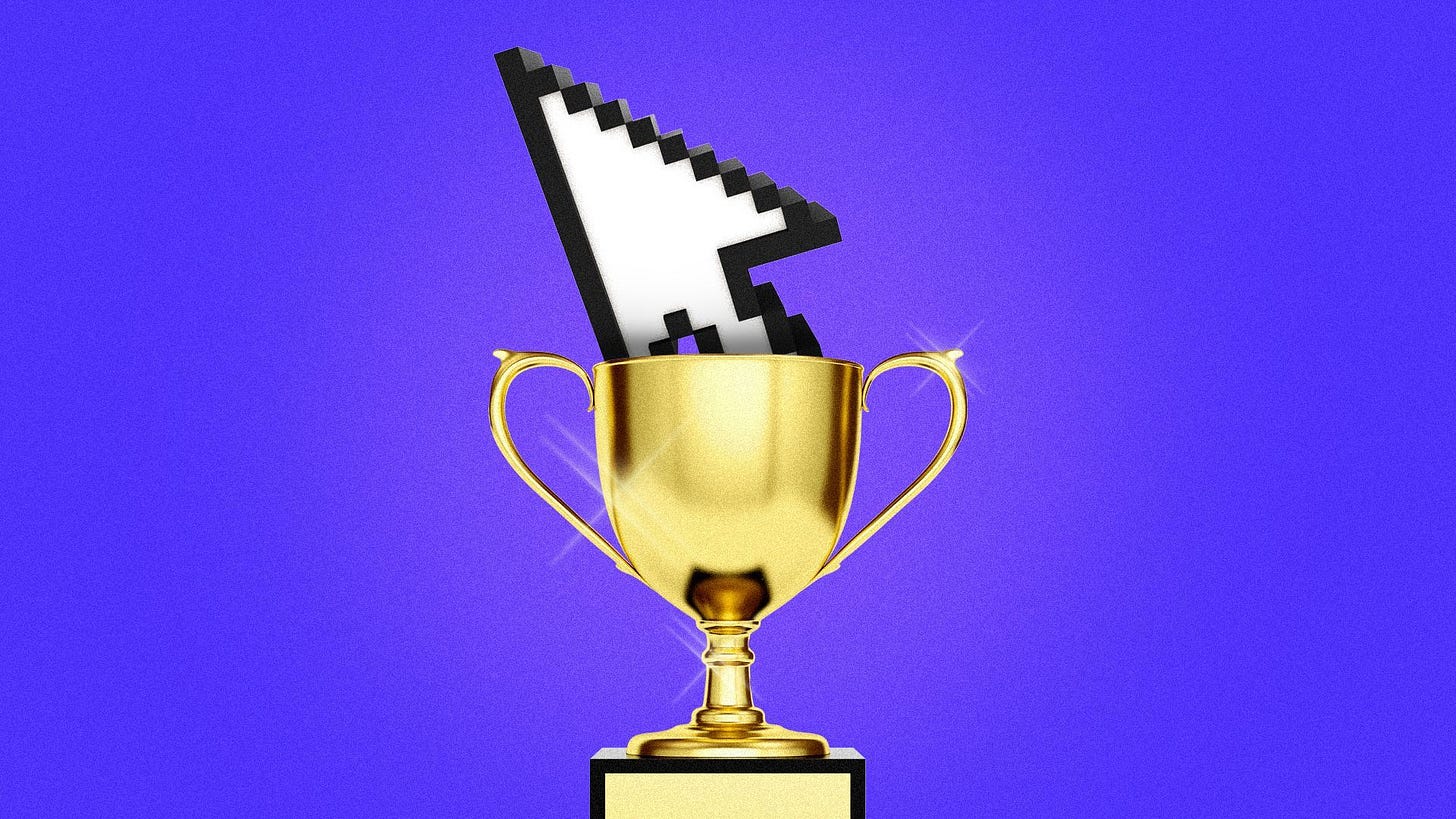 Illustration of a digital cursor in a trophy cup.