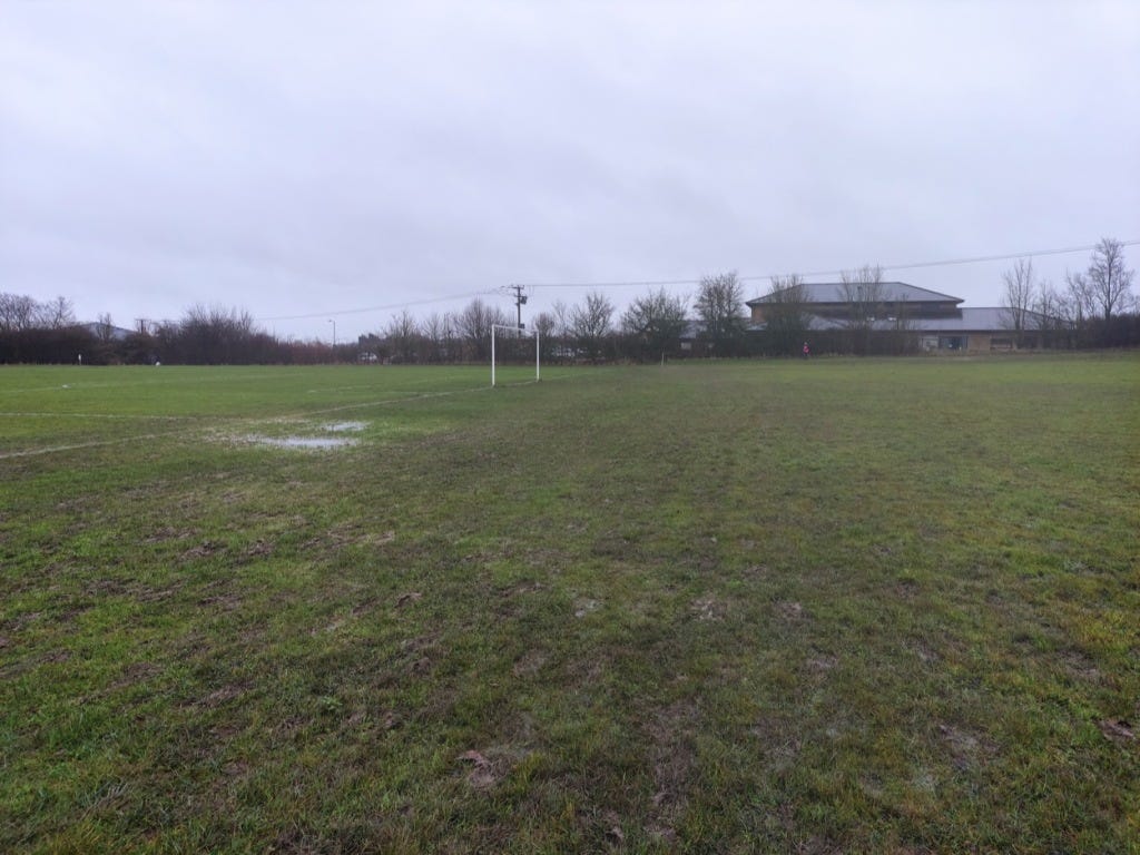 Muddy field and a puddle next to the football pitch. Plenty of green grass in among the slightly churned up mud.