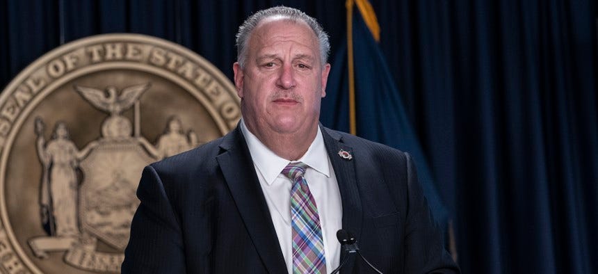 Gary LaBarbera, president of the Building and Construction Trades Council, speaks during a press conference on Dec. 13, 2021.
