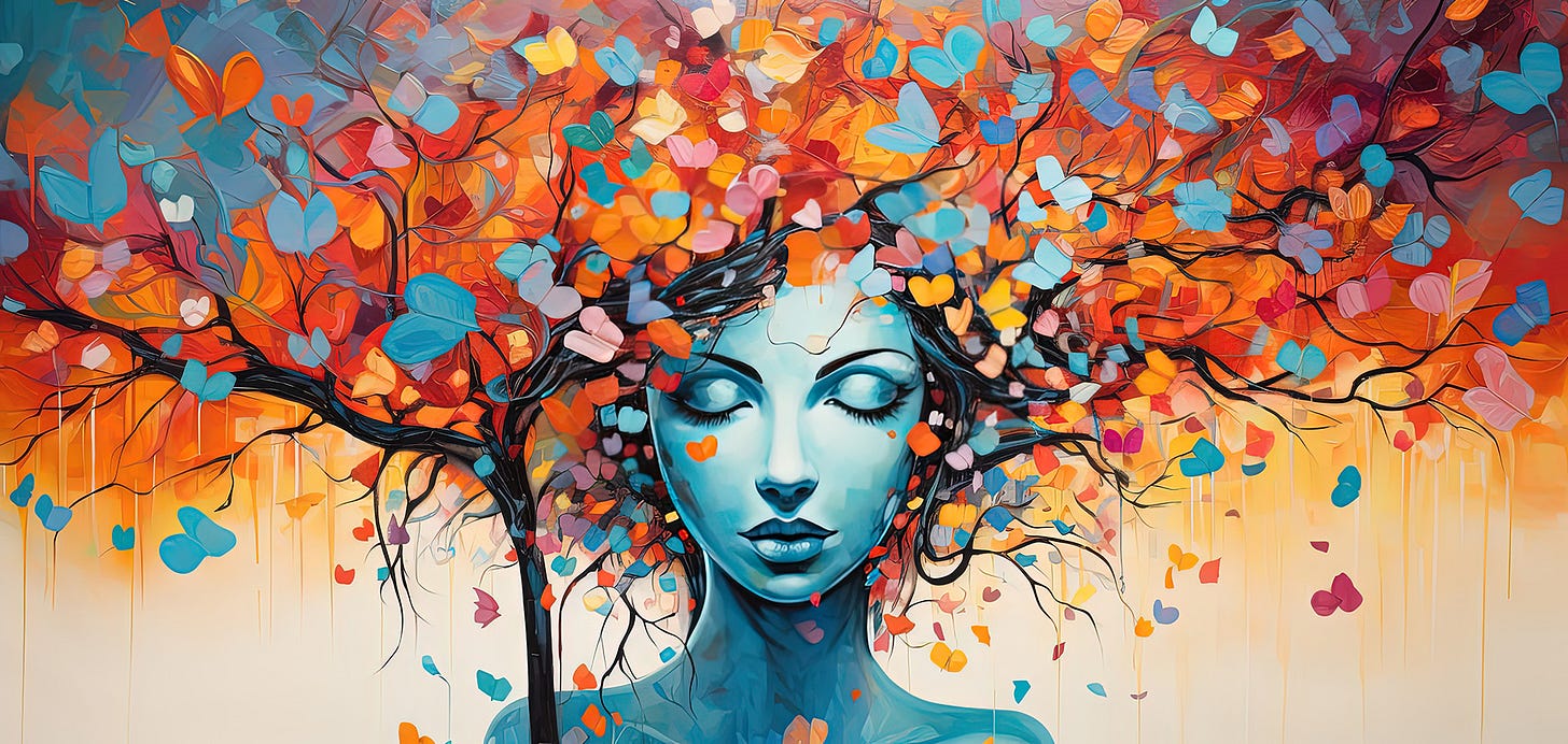 Illustration of a sleeping woman. Her skin is a pale blue and her hair is a colourful cloud about her head with paint strokes that look like butterflies.