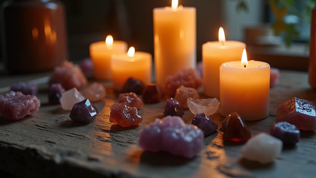 Eye-level view of a simple Wiccan altar with candles and crystals Eye-level view of a simple Wiccan altar with candles and crystals