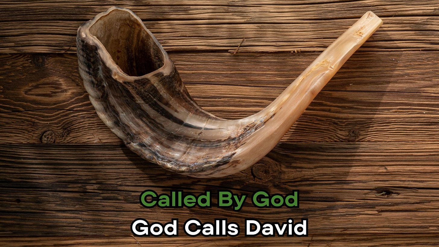 A traditional shofar, a curved ram's horn, rests against a rustic wooden background, showcasing its natural textures and colors.  It includes the text: "Called By God: God calls David"