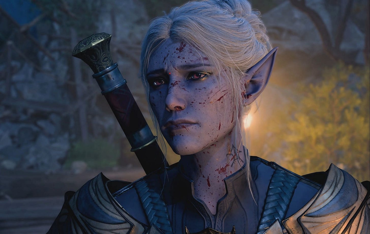 Close up of Minthara covered in blood and a sad look on her face