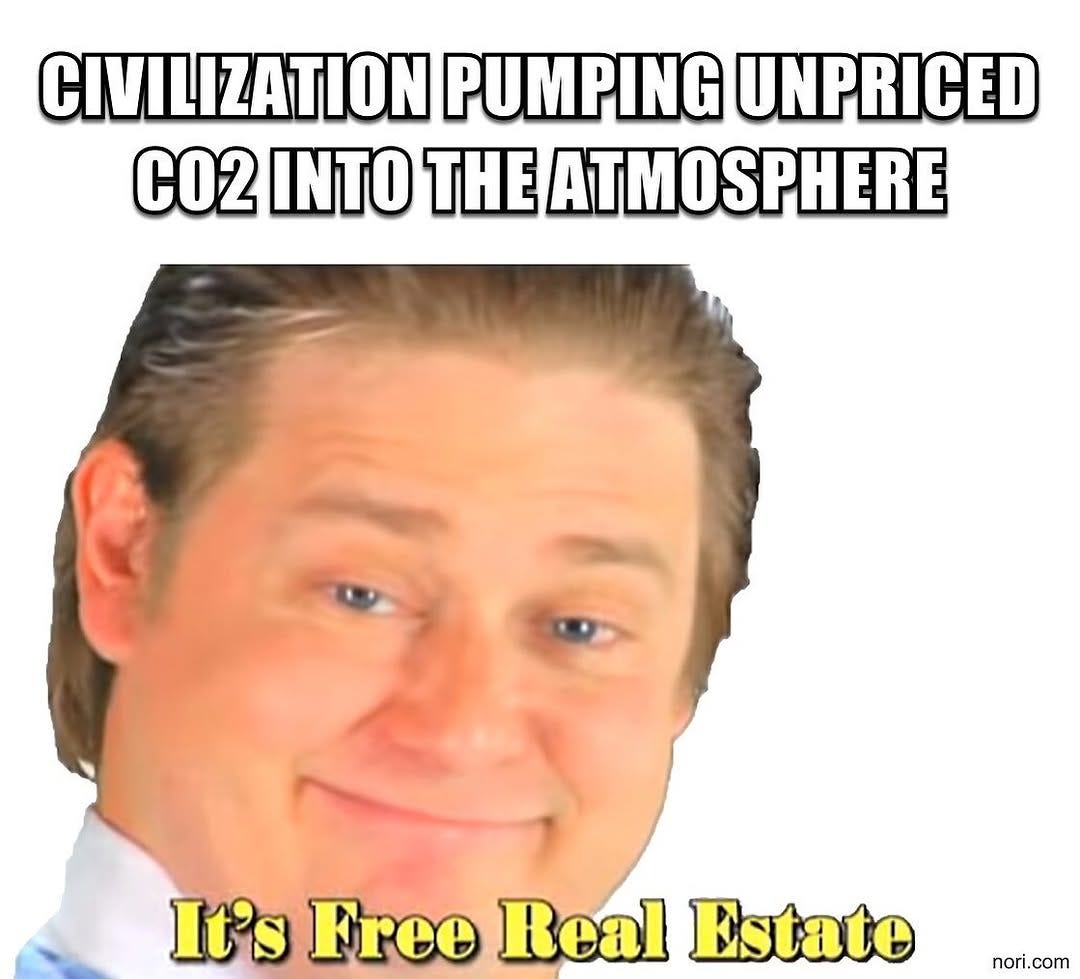 Text: "Civilization pumping unpriced CO2 into the atmosphere." Below, a grinning man's face and the words "It's free real estate".