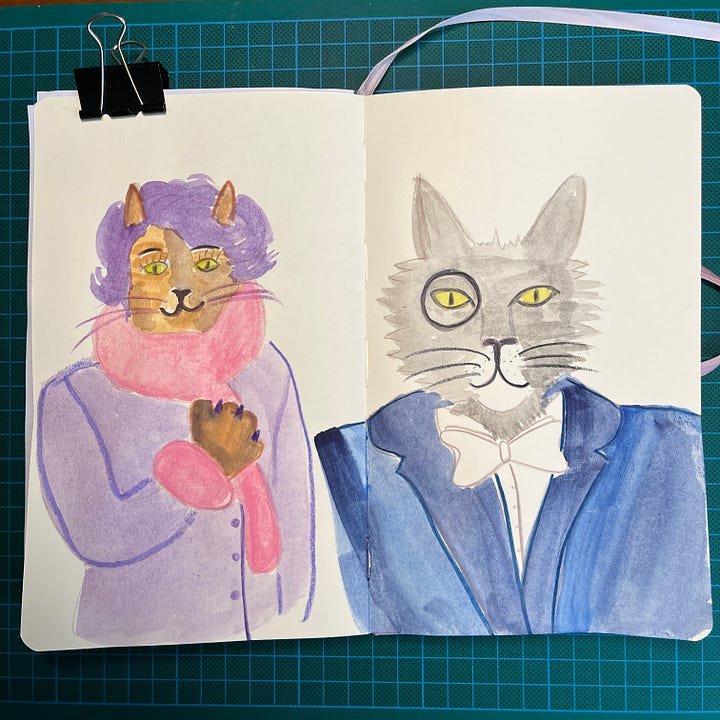 Photos des deux doubles-pages des deux sketchbooks où j'ai fait 4 portraits de chats sur corps d'humains.