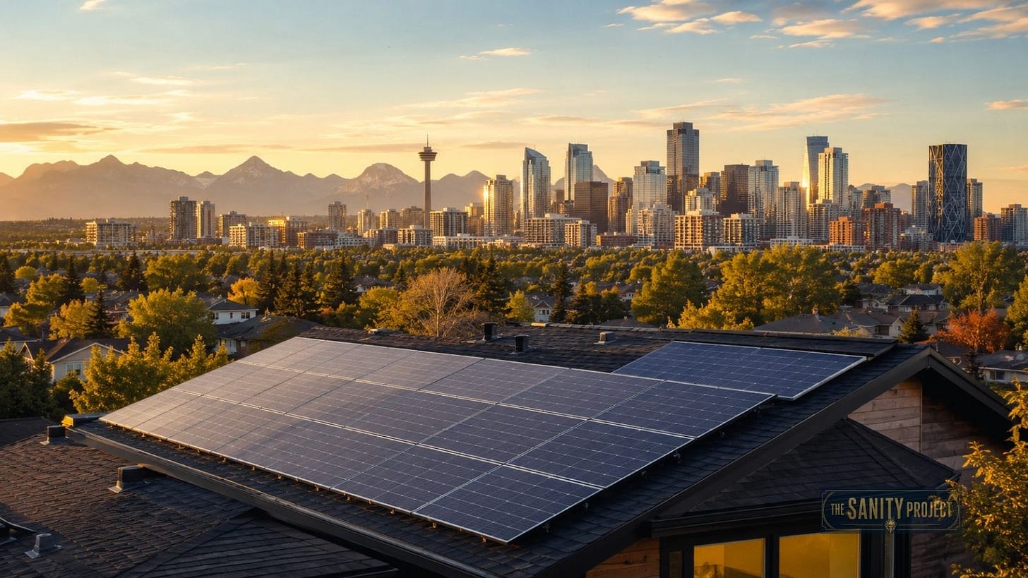 Solar panels installed on an Alberta rooftop with the Calgary skyline in the background Solar panels installed on an Alberta rooftop with the Calgary skyline in the background