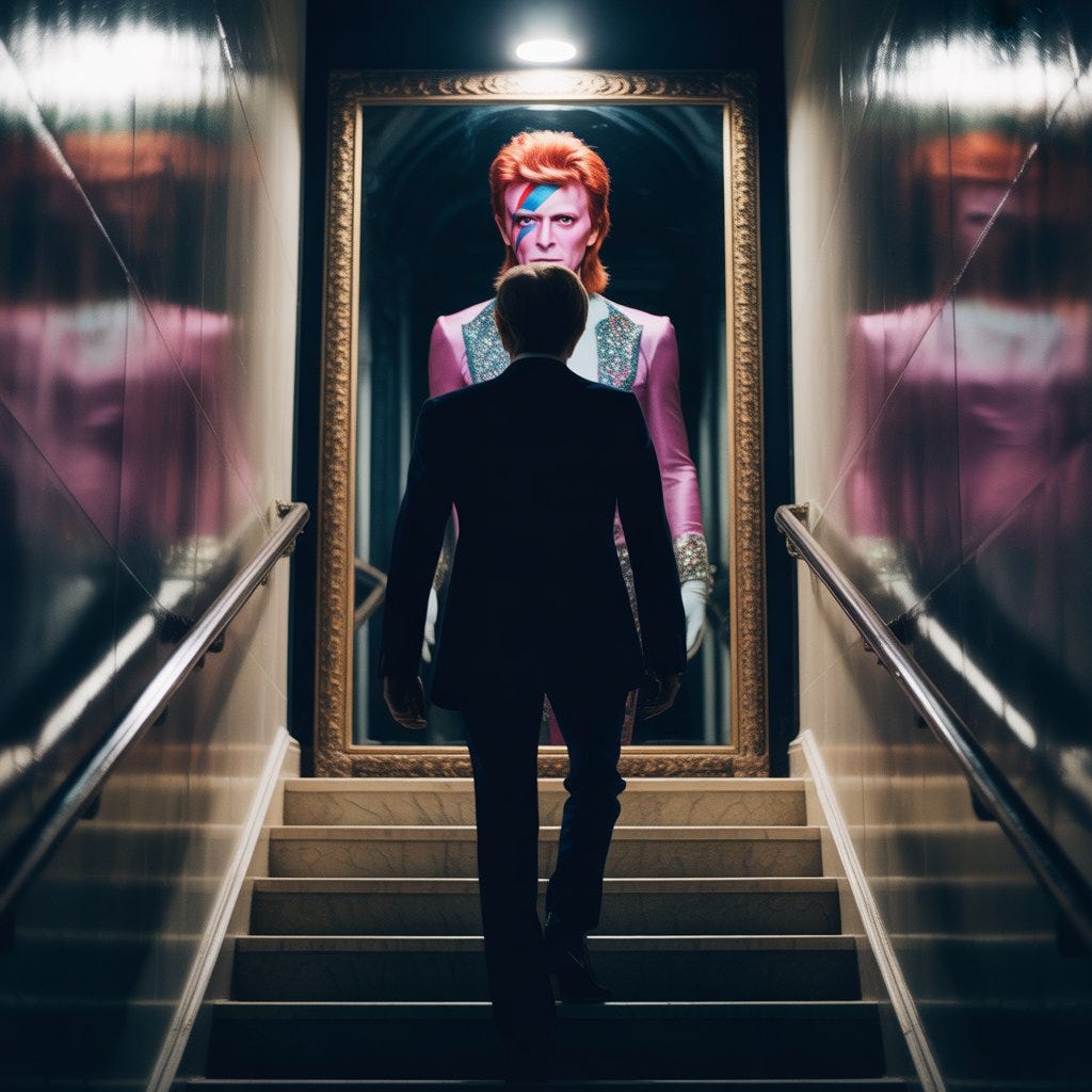 A man climbs a staircase toward a mirror whose reflection shows not himself but who he used to be — a visual metaphor for the free world walking past its own identity in 2026-thealmightygob.com A man climbs a staircase toward a mirror whose reflection shows not himself but who he used to be — a visual metaphor for the free world walking past its own identity in 2026-thealmightygob.com