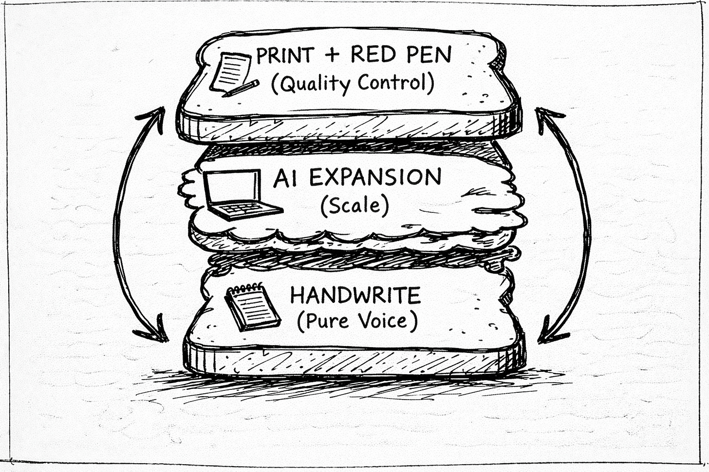 Hand-drawn whiteboard illustration of a sandwich-shaped workflow. Bottom layer labeled “HANDWRITE (Pure Voice)” with notebook icon, middle layer “AI EXPANSION (Scale)” with laptop icon, and top layer “PRINT + RED PEN (Quality Control)” with printed page icon, showing a structured analog-digital-analog writing process. Hand-drawn whiteboard illustration of a sandwich-shaped workflow. Bottom layer labeled “HANDWRITE (Pure Voice)” with notebook icon, middle layer “AI EXPANSION (Scale)” with laptop icon, and top layer “PRINT + RED PEN (Quality Control)” with printed page icon, showing a structured analog-digital-analog writing process.