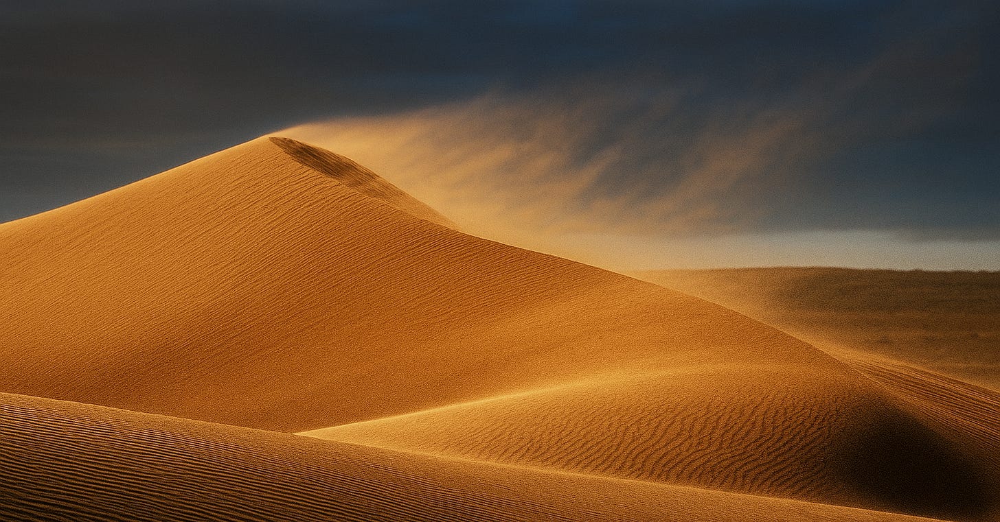 A single sand dune with rippled surface against a stormy sky