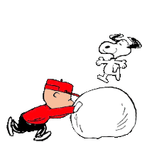 a cartoon of snoopy and charlie brown pushing a large ball