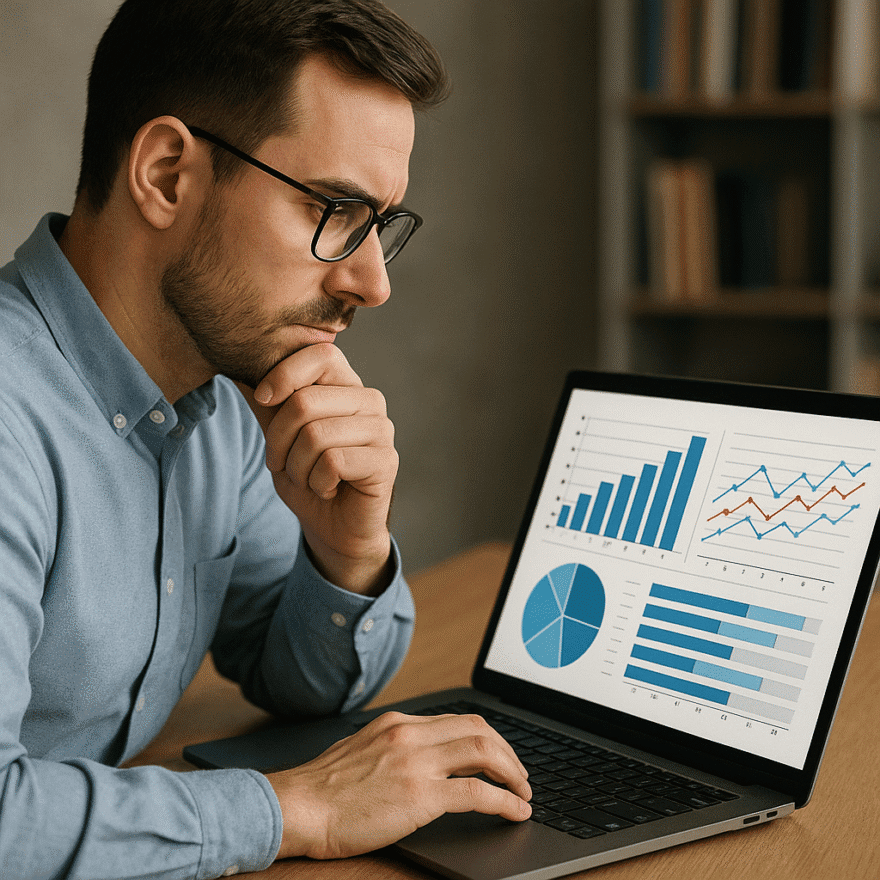 Person analysing data charts on a laptop. Logical thinking builds clarity, structure, and effective decision-making.