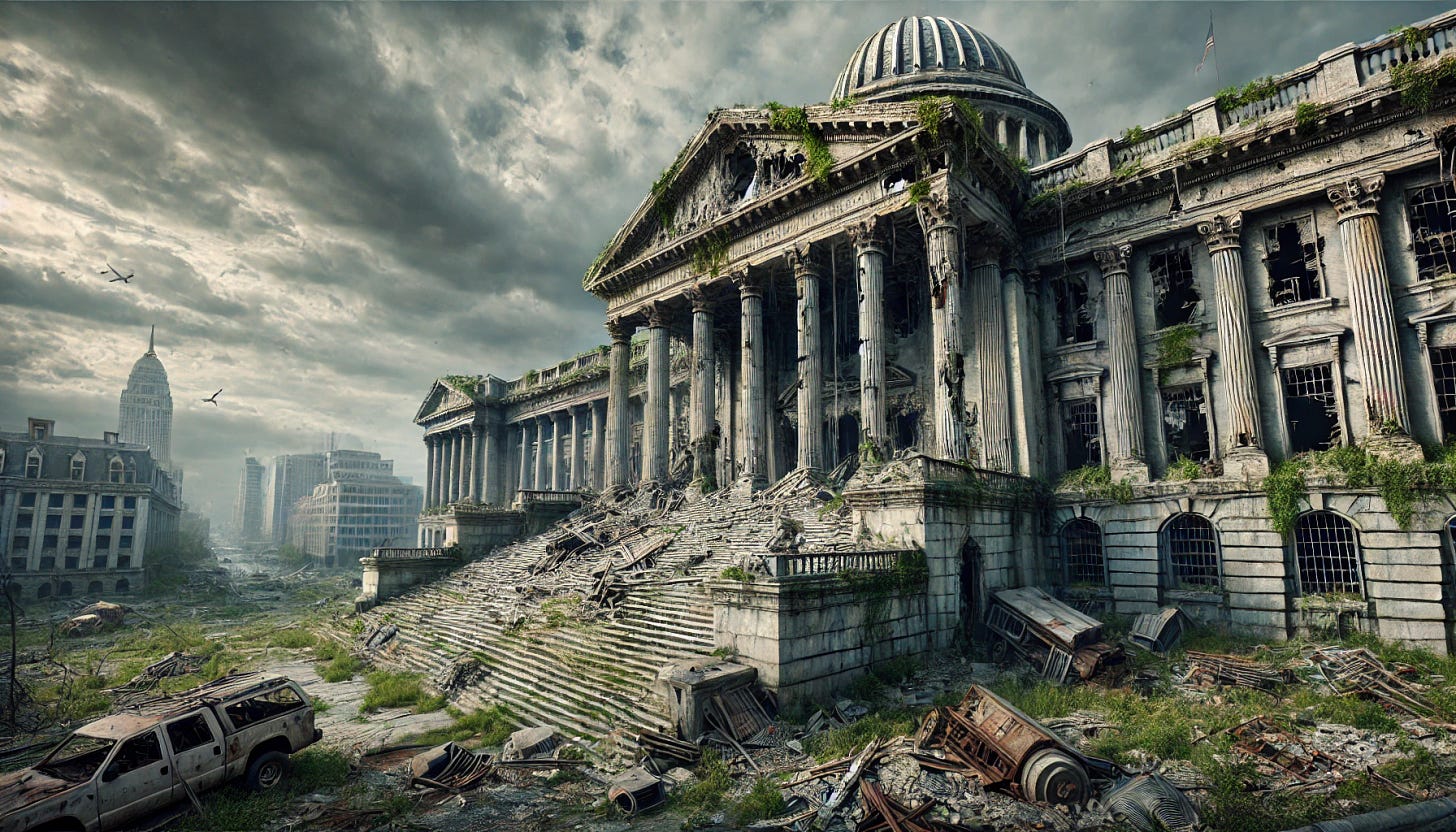 A realistic depiction of a derelict capitol building, set in a post-apocalyptic landscape. The once-majestic structure is now in ruins, with broken pillars, shattered windows, and overgrown vegetation taking over the facade. The sky is overcast, casting a gloomy and ominous atmosphere, with dark clouds swirling above. Rubble and debris litter the steps leading to the entrance, and vines creep along the cracked stone walls. In the background, other decayed buildings can be seen, further adding to the sense of abandonment and desolation.