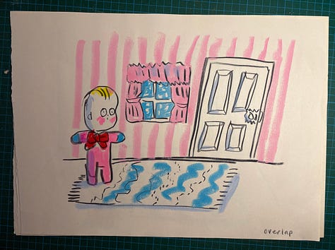 drawings of a funny spooky ghost baby floating around a room