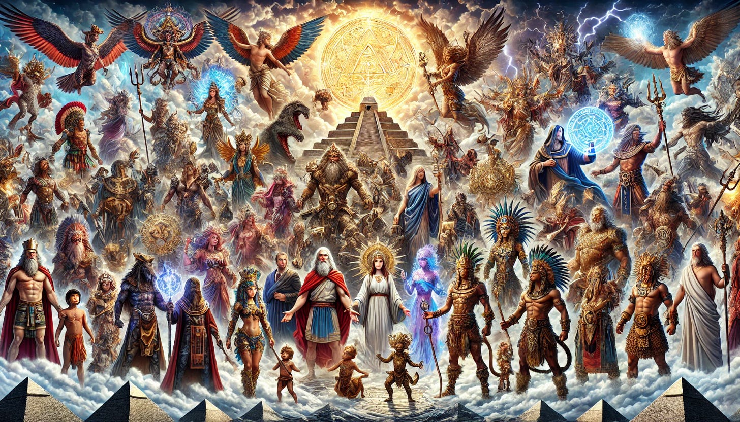 A detailed collage featuring gods and goddesses from Greek mythology, Norse mythology, Egyptian mythology, Christianity, Hinduism, Aztec mythology, and tribal beliefs. Include deities such as Zeus, Hera, Odin, Thor, Anubis, Ra, Jesus, Vishnu, Lakshmi, Quetzalcoatl, tribal deities, and the Flying Spaghetti Monster. Position them in a panoramic, mystical setting with a backdrop that includes clouds, lightning, pyramids, temples, and celestial bodies. Depict the deities in their traditional attire and attributes, standing in dynamic, powerful poses.