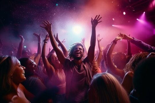club party people dance on the dance floor in the rays of light. generative ai.