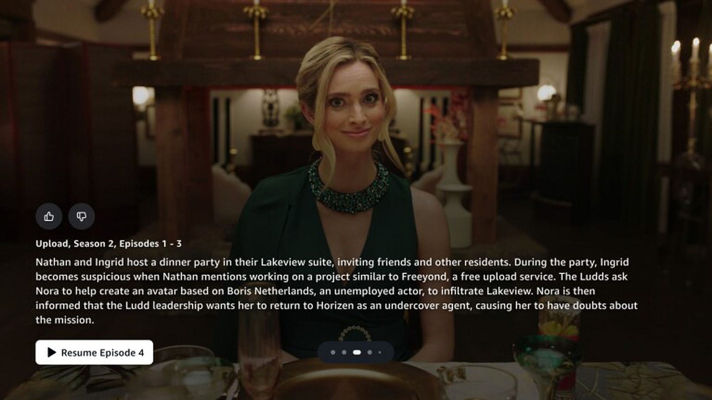 An example X-Ray Recap summary from Amazon about an episode of the show “Upload.”