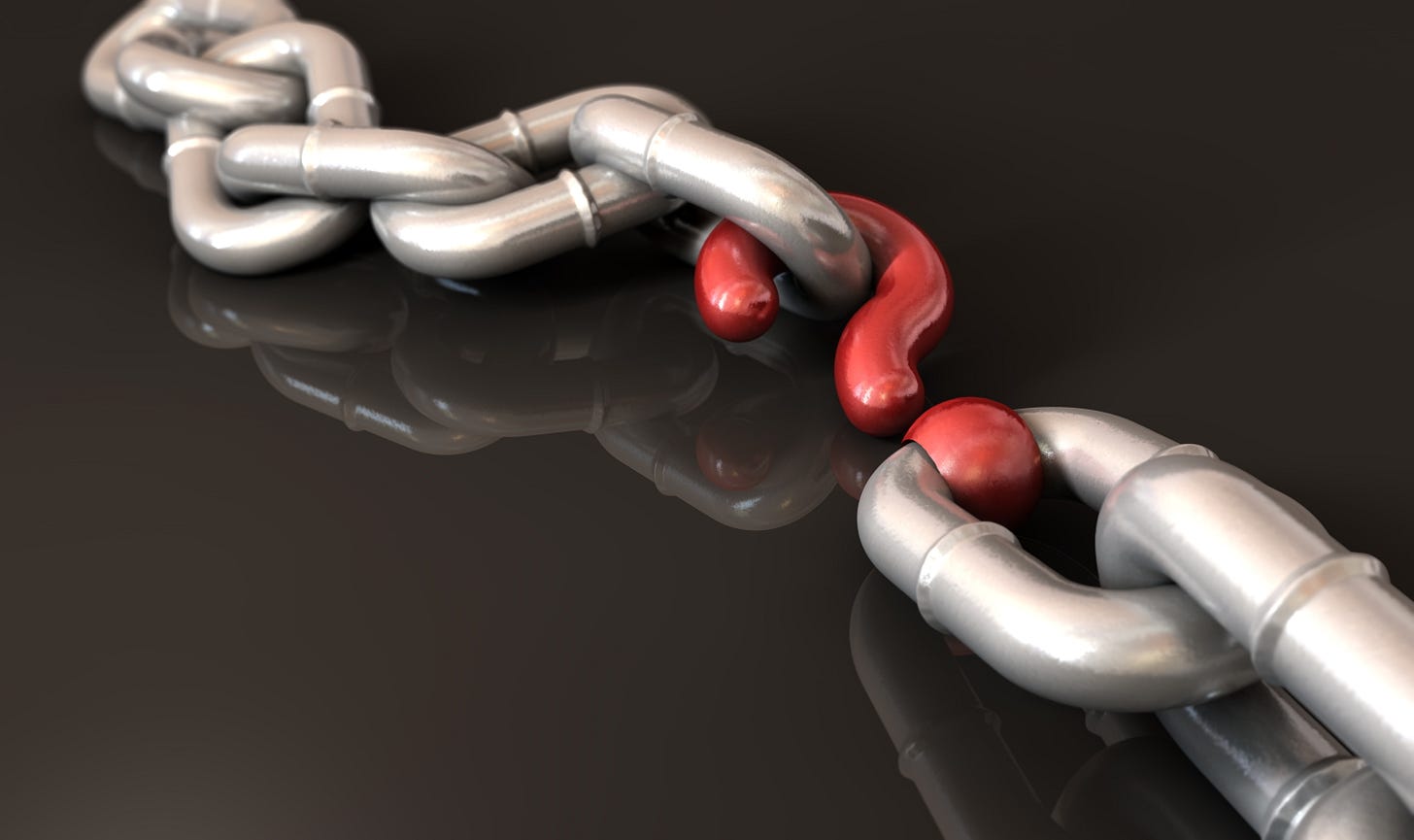A chain with a missing link replaced by a red question mark, highlighting uncertainty within the connection.
