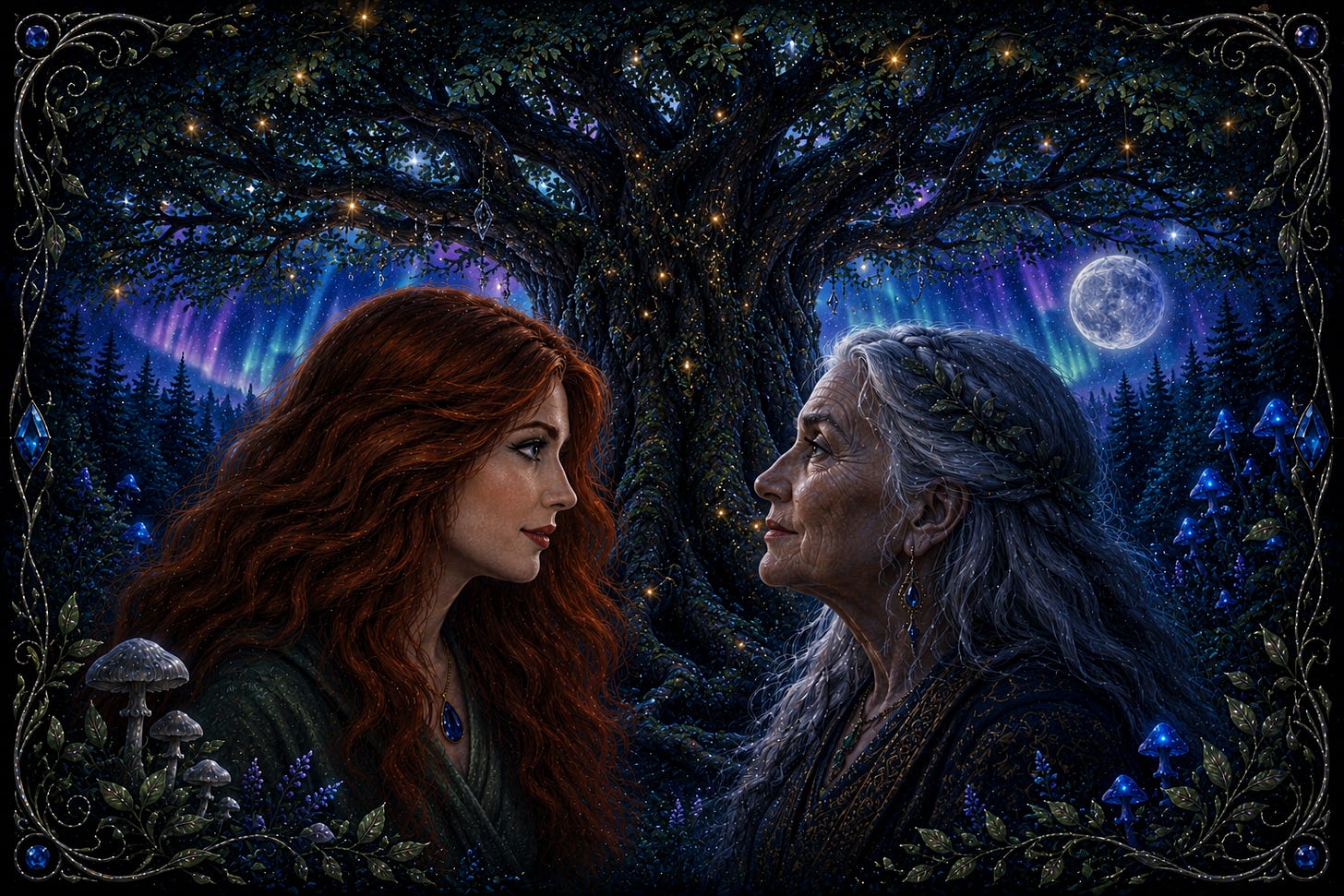 Angelika and Arboria looking into each others eyes