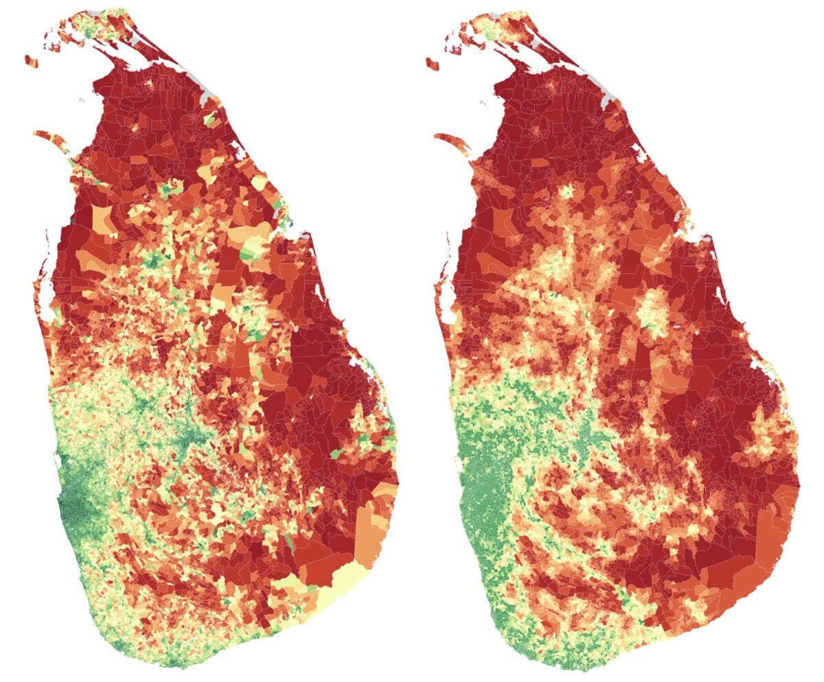 Census-derived poverty ranks (left) and machine learning estimates (right) across Sri Lanka's Grama Niladhari divisions Census-derived poverty ranks (left) and machine learning estimates (right) across Sri Lanka's Grama Niladhari divisions