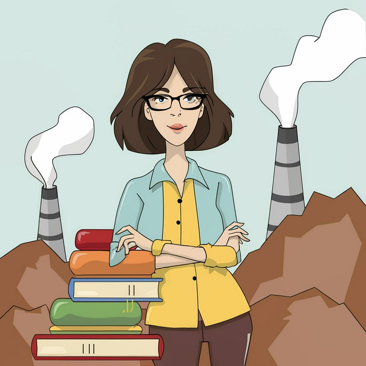 AI-generated cartoon illustratins of a woman with mid-length brown hair and glasses, leaning on a stack of books. Four variations, and none of them look like me.
