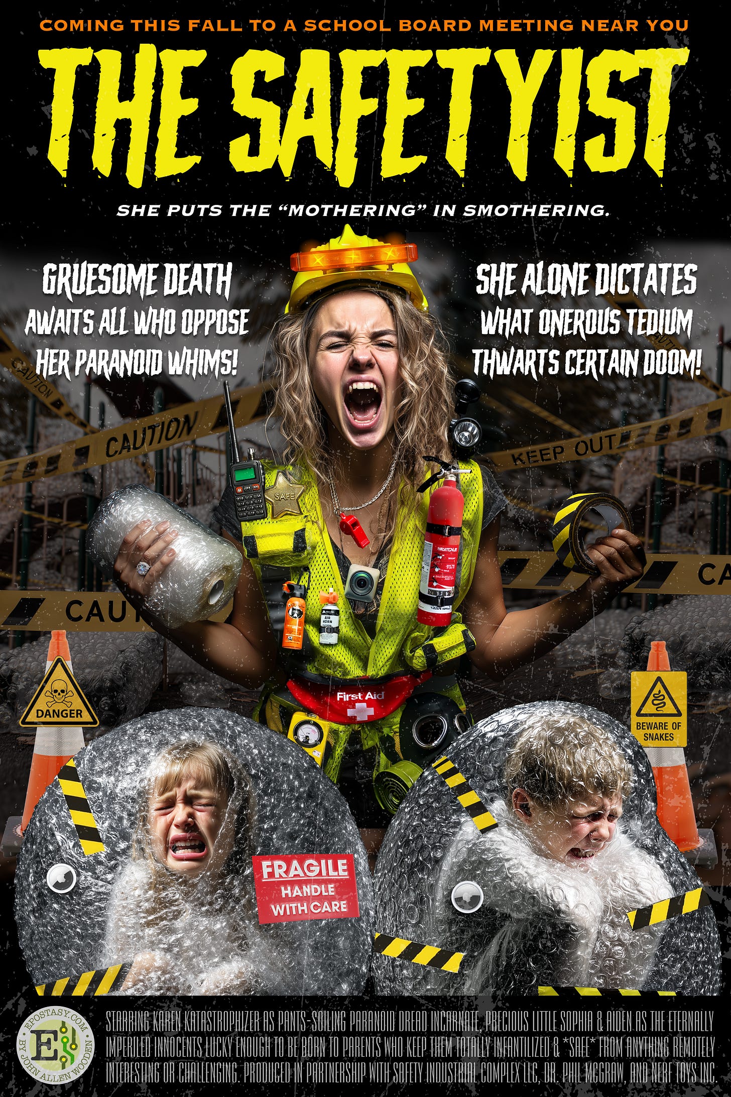 "The Safetyist" movie poster parody mocking with helicopter parent and bubble-wrapped kids "The Safetyist" movie poster parody mocking with helicopter parent and bubble-wrapped kids