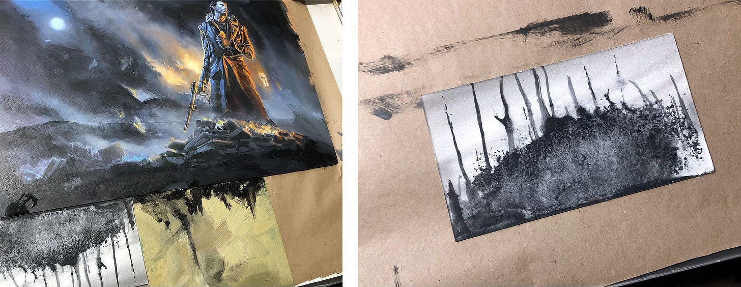 LEFT: Work in progress photo of FAHRENHEIT 451 shot at an angle. Black paint drips down to the scraps protecting the drafting table below.  RIGHT: Photo of a scrap of paper that was used to catch overspray. The paper is turned so the drips are facing up.