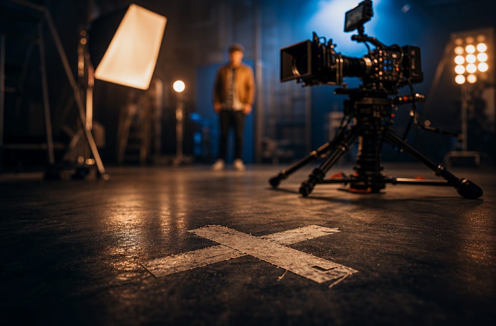 A worn gaffer-tape X mark on a dark studio floor, with a film camera and softboxes glowing out of focus behind it