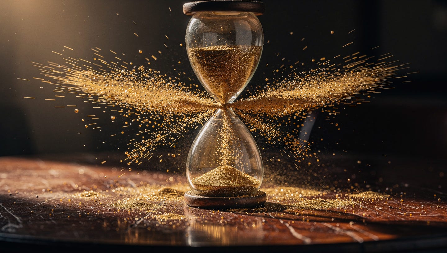 An hourglass on a dark wooden table, but instead of sand falling neatly, the sand bursts out in multiple chaotic directions around the hourglass, as if time were being wasted rather than flowing productively. Dramatic side lighting, warm amber and brown tones with deep shadow contrast. Editorial photographic style, high definition, macro photography. The image conveys a sense of constant effort and motion that leads to no useful result, scattered and wasted energy. No text, no people, no logos.