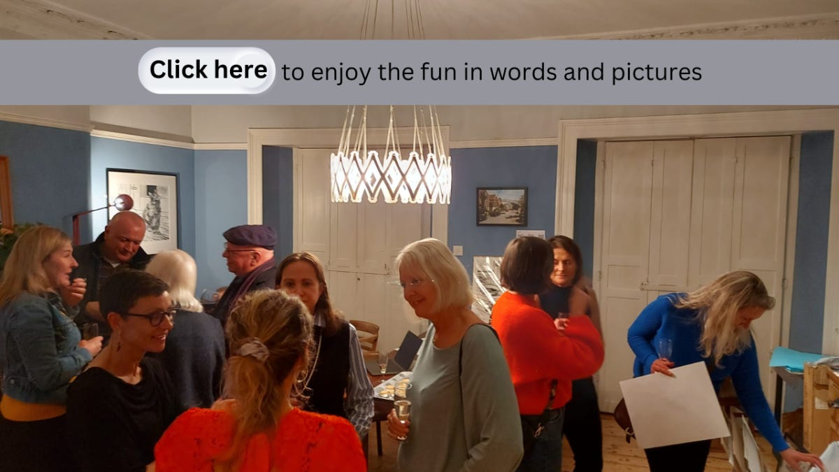 Smiley happy people drinking fizz and browsing, with a link to the blog