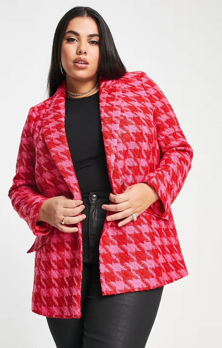 pink and red dogtooth boucle blazer and miniskirt by River Island