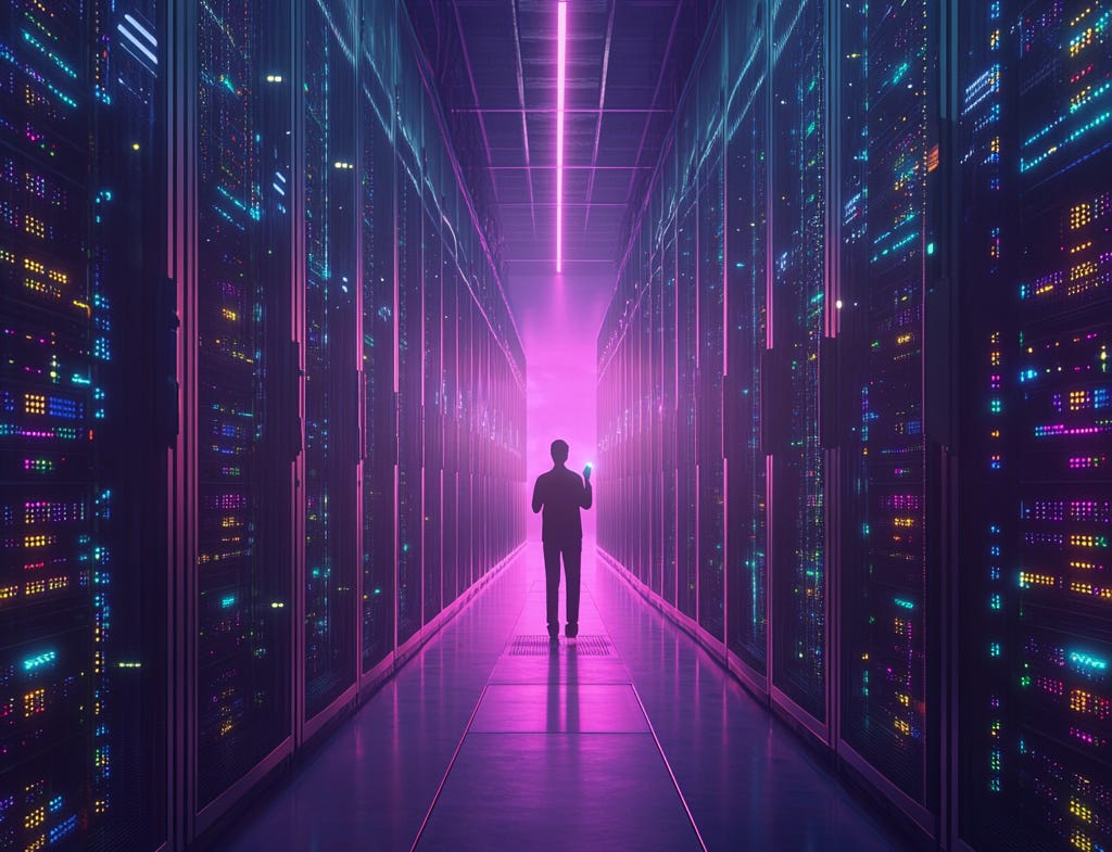 A person walking in a hallway of a server room    AI-generated content may be incorrect.