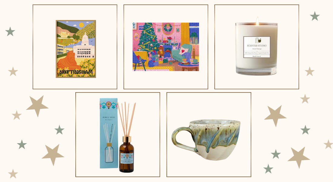 A graphic with green and gold stars and an art print, a puzzle, a candle, a reed diffuser, and a mug on it A graphic with green and gold stars and an art print, a puzzle, a candle, a reed diffuser, and a mug on it