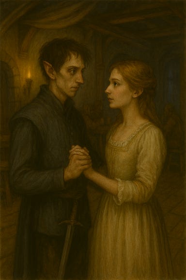 Victor Vallakovich and Stella Wachter waltz together in the taproom of the Blue Water Inn. Victor appears gaunt and intense, with pale skin, sharp features, and tousled ash-brown hair. His expression is focused yet uncertain, his gray-blue eyes flickering with a rare moment of softness. He wears a worn indigo coat, frayed at the cuffs, with parchment-colored linen beneath. Stella appears delicate and luminous, with soft features, wide hazel-green eyes, and light golden-brown hair falling in gentle waves. She wears a pale rose and ivory dress with lace details, slightly worn but still beautiful. Her expression is dreamy and distant, a small, fragile smile on her lips. They move in a slow, hesitant waltz across the wooden floor. Lanternlight glows warmly around them, illuminating the rustic beams, scattered tables, and the faint haze of hearth smoke. The atmosphere is tender, eerie, and quietly surreal, as if the world has paused to watch them.