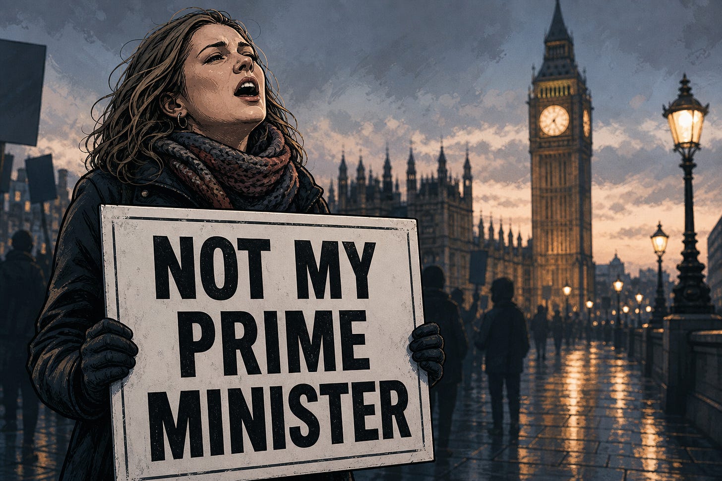 Single protester in front of Parliament holding a clear NOT MY PRIME MINISTER sign.