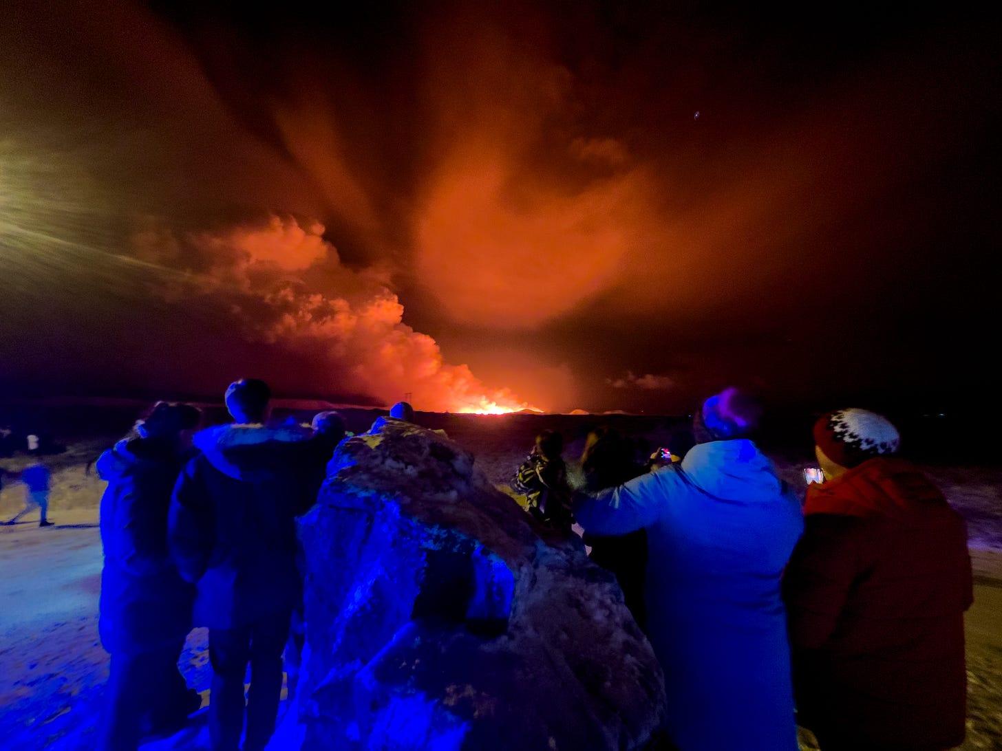 A volcano erupts on December 18, 2023 north of Grindavik, Iceland. (Photo by Micah Garen/Getty Images)