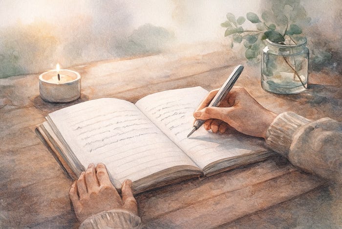 Watercolor illustration of a person writing promises in a journal beside a candle and greenery, symbolizing mindful intention-setting during a year-end reflection for sensitive people.