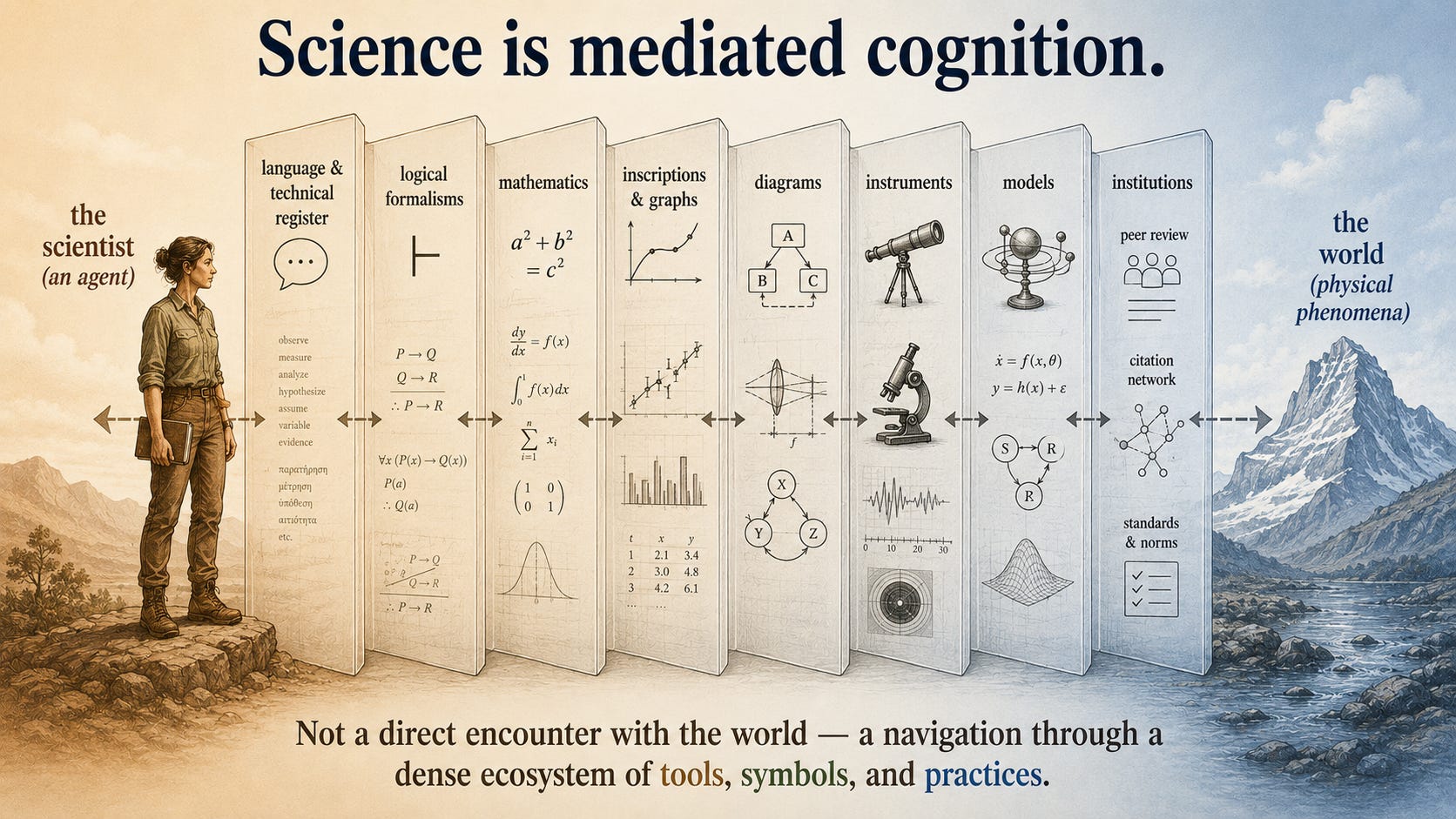 A whole embodied scientist on the far left and a physical-world pole on the far right. Between them, instead of a direct arrow, a dense stack of translucent labeled panels the contact must pass through: language & technical register, logical formalisms, mathematics, inscriptions & graphs, diagrams, instruments, models, institutions — each with a small icon. A faint two-way arrow threads through all panels, showing contact is real but mediated. A whole embodied scientist on the far left and a physical-world pole on the far right. Between them, instead of a direct arrow, a dense stack of translucent labeled panels the contact must pass through: language & technical register, logical formalisms, mathematics, inscriptions & graphs, diagrams, instruments, models, institutions — each with a small icon. A faint two-way arrow threads through all panels, showing contact is real but mediated.