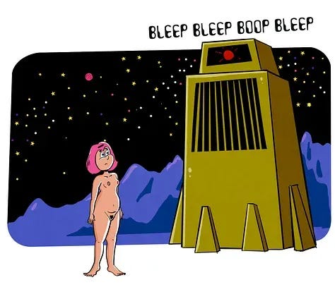 A retro sci-fi comic panel showing the pink-haired woman waiting silently beside the giant gold computer as it responds only with robotic sounds reading: “Bleep bleep boop bleep.”