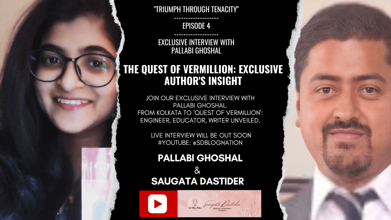 Call to action image for 'Triumph Through Tenacity: Pallabi Ghoshal Unveils 'The Quest of Vermillion'' article on www.sd-zen-zone.in, featuring portraits of Pallabi Ghoshal and Saugata Dastider. Text announces an upcoming live 1-on-1 YouTube interview session about Pallabi's journey from Kolkata to 'The Quest of Vermillion.' Stay tuned for the session going live soon.