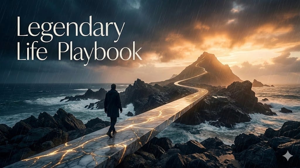 A moody Substack cover image with the title "Legendary Life Playbook" in white text. A lone man in a dark coat walks away from the camera along a path made of white marble with glowing golden cracks, resembling Kintsugi. The path bridges turbulent, dark seas and jagged rocks under heavy rain, leading toward a mountain peak bathed in warm sunrise light.