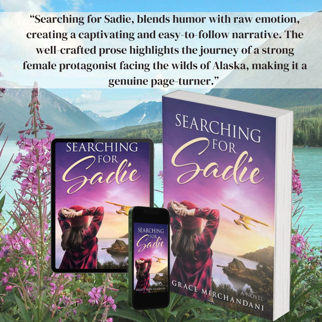 Cover of Searching for Sadie by Grace Mirchandani, showing a young woman in a scenic wilderness setting.
