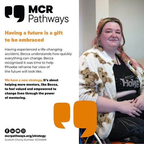 photo 1: A promotional MCR Pathways graphic with text on the left about embracing the future, and a photograph on the right showing a person seated in a wheelchair, wearing a patterned jacket and smiling.  photo 2: A panel of speakers seated on a stage at the MCR Pathways Summit, with a large screen behind them displaying the title “The Power of a Trusted Adult.” The panel sits behind tables covered in MCR Pathways branding.  photo 3: A person with brightly coloured hair and bold makeup sitting at a round table during the Summit, wearing a rainbow striped top and a badge-covered lanyard, listening attentively with a soft smile.  photo 4: A close-up selfie taken indoors. The person has bright multicoloured eye makeup and long multicoloured hair, wearing a rainbow striped top and a lanyard decorated with character badges.  photo 5: A mirror selfie in an accessible bathroom. The person is seated in a wheelchair, wearing sunflower-patterned trousers and a rainbow striped top, smiling while holding their phone.  photo 6: A page of printed panel questions for the Summit, presented in a clean bullet-point list covering topics such as mentoring, trusted adults, social impact, and programme development.