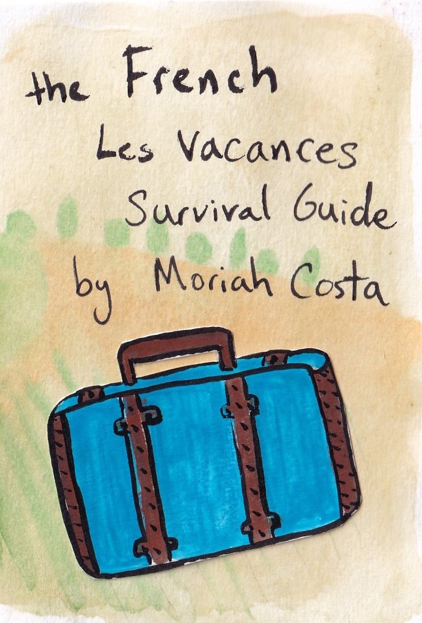 illustration of a vintage blue suitcase in front of the french countryside