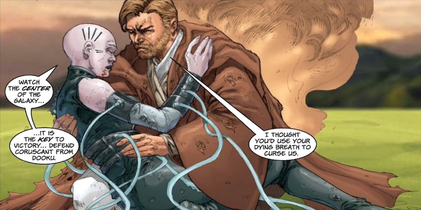 Asajj Ventress seemingly dying in Star Wars Legends. Asajj Ventress seemingly dying in Star Wars Legends.