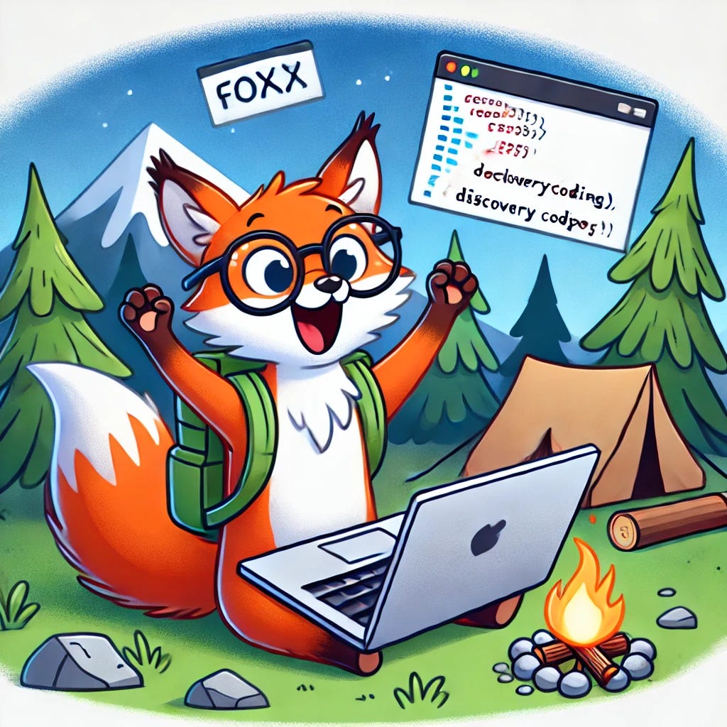 A cartoon-style illustration of a fox wearing glasses, enthusiastically typing code on a laptop in the middle of a mountain campsite. Around it, sketches of code snippets float in the air, symbolizing the Discovery Coding approach.
