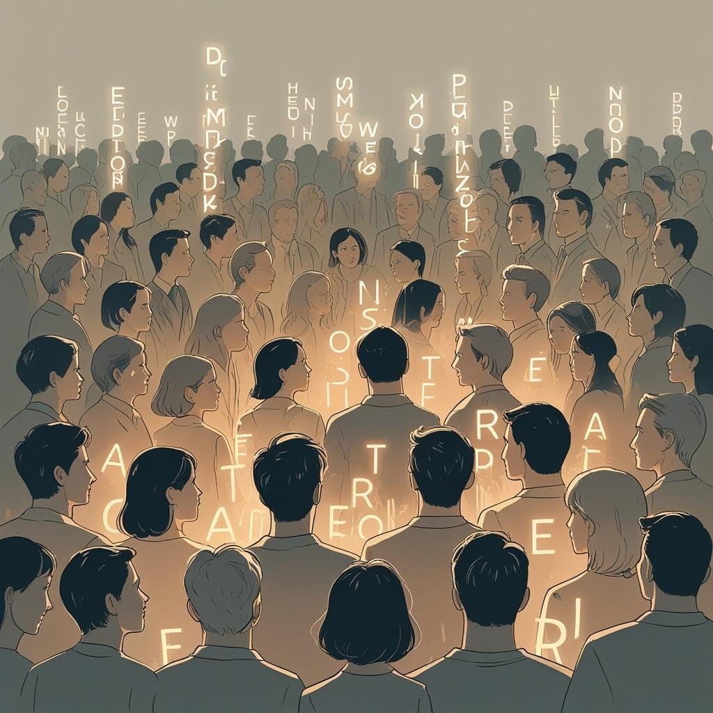 AI generated decorative image of a crowd of people and letters all around them.
