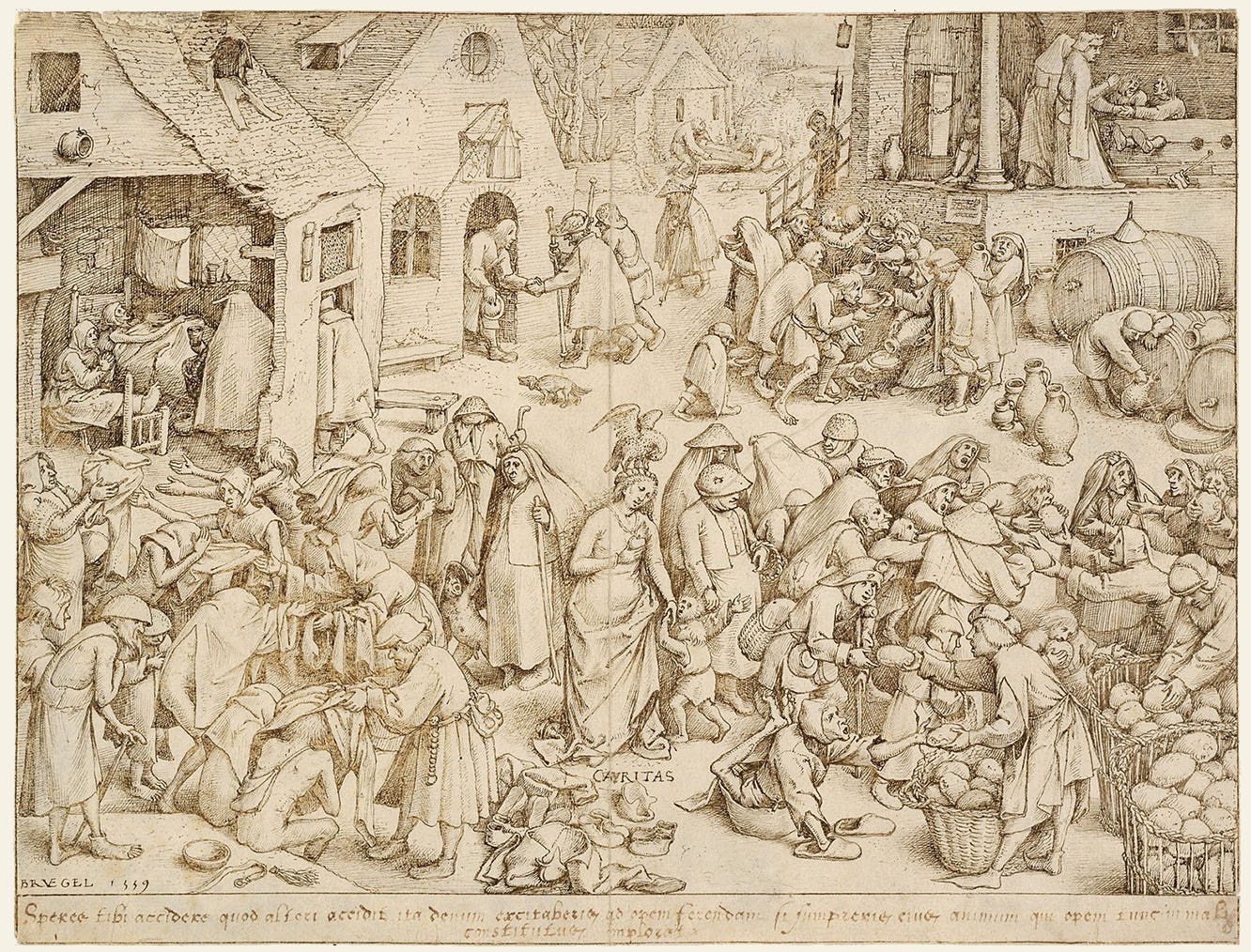 Caritas, The Seven Acts of Mercy, 1559 depicts seven works of mercy (counterclockwise from lower right): feed the hungry, give drink to the thirsty, ransom the captive, bury the dead, shelter the stranger, comfort the sick, and clothe the naked.