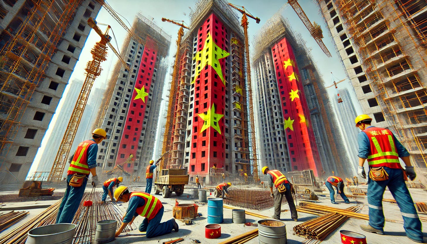 A wide aspect ratio, real-life-like image showing a close-up of Chinese builders at construction sites, building big skyscraper apartment buildings with imprints of the Chinese flag. The scene captures the builders in action, wearing safety gear and helmets, working with tools, scaffolding, and construction materials. The partially built skyscrapers tower above, featuring imprints of the Chinese flag in vibrant red and yellow colors with stars. The background includes cranes, concrete structures, and other construction equipment. The overall atmosphere is dynamic and industrious, highlighting the dedication and hard work of the builders as they contribute to urban development.