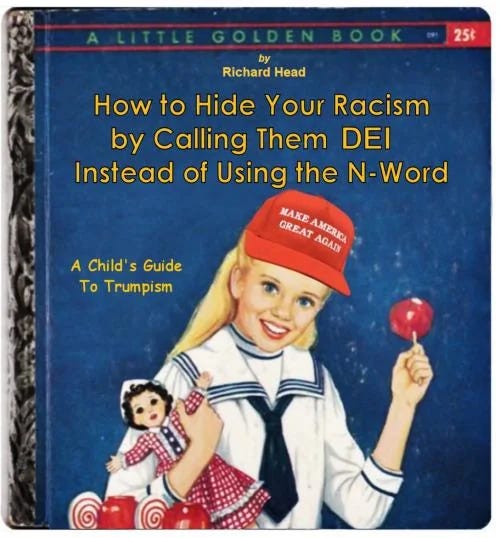 A Faux child's book about "coving your racism with DEI words. Girl holding doll and candy on cover
